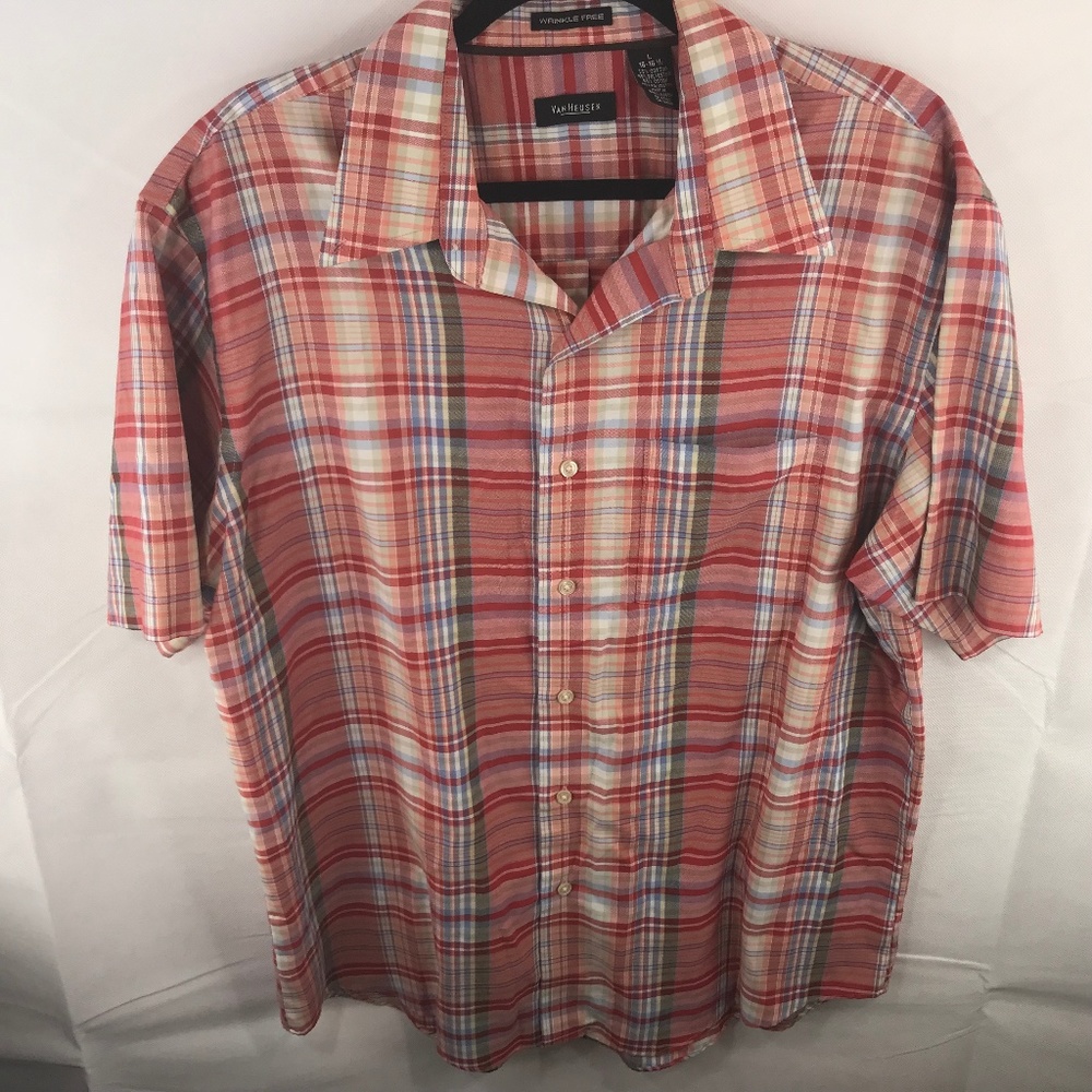 Van Heusen Mens Red Large 16-16.5 Plaid Checks